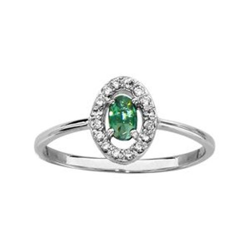 Bague Argent Rhodi Forme Ovale Verre Vert Entourage Oxydes Blancs Sertis