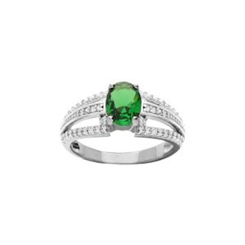 Bague Argent Rhodi Grand Diamtre Oxyde Central Vert Et 3 Rails Oxydes Blancs Sertis