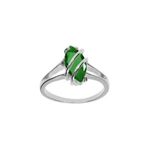 Bague Argent Rhodi Navette Ovale Oxyde Vert Fonc