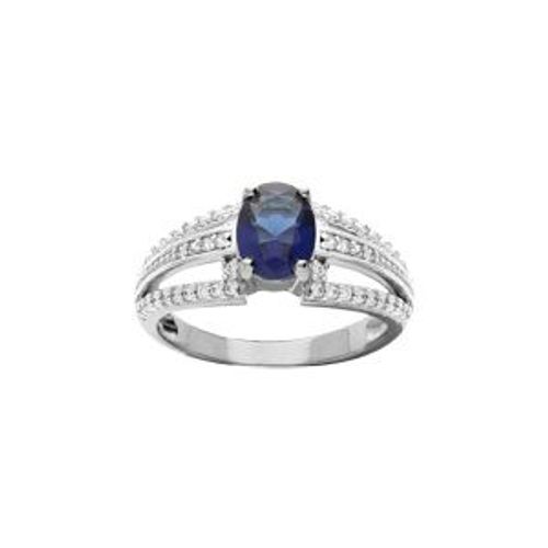 Bague Argent Rhodi Oxyde Central Bleu Et 3 Rails Oxydes Blancs Sertis