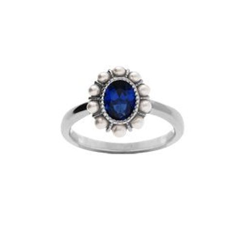 Bague Argent Rhodi Oxyde Centrale Bleu Contour Perle Blanche Imitation