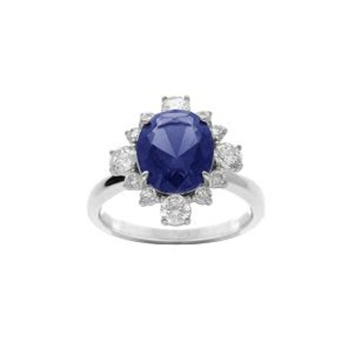 Bague Argent Rhodi Oxyde Centrale Bleu Fonc Contour Oxydes Blancs Sertis