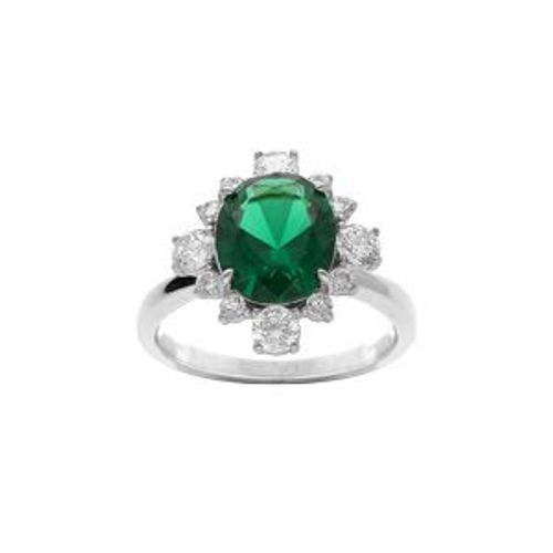 Bague Argent Rhodi Oxyde Centrale Vert Contour Oxydes Blancs Sertis