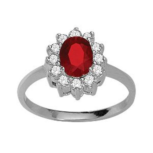 Bague Argent Rhodi Pierre Centrale Rouge Contour Pierres Blanches