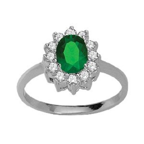 Bague Argent Rhodi Pierre Centrale Verte Contours Pierres Blanches