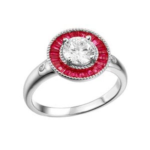 Bague Argent Rhodi Ronde Centre Oxyde Blanc Et Contour Oxydes Rectangulaires Rouges
