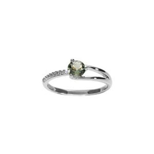Bague Argent Rhodi Solitaire Oxyde Vert Et Oxydes Blancs Sertis