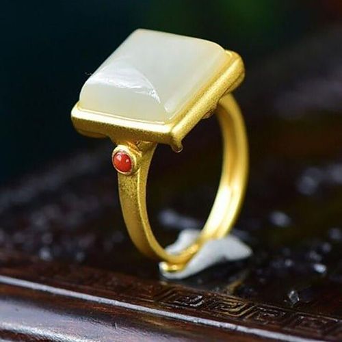 Bague Carre En Jade Hetian Naturel Incruste D'argent, Processus De Conception De Niche Neutre, Ouverture Rglable De Marque De Bijoux Pour Hommes Et Femmes