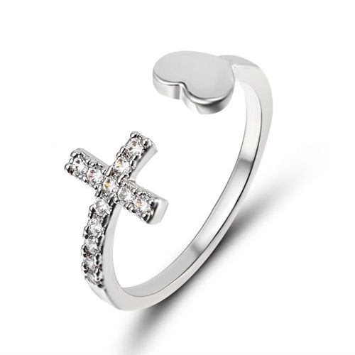 Bague Classique En Alliage De Couleur Argent, Strass Croix CUr, Mosaque, Ouverture, Simple, Rond, Simple Range, Bijoux De Fte  La Mode