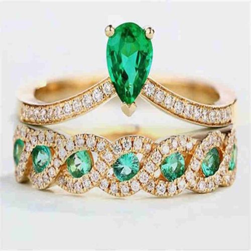 Bague Couronne En Cristal Vert Pour Femmes, Ensemble De Bagues De Fianailles Et De Mariage, Accessoires De Bijouterie Classiques,  La Mode, Deux Pices