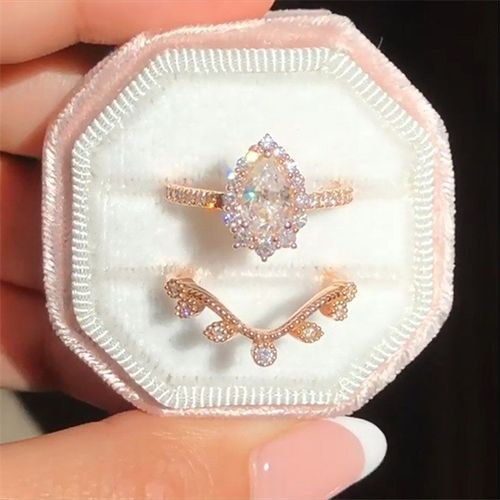 Bague Couronne En Forme D'eau Pour Femmes, Luxueuse, Incruste De Strass, Ensemble De Bagues De Fianailles, De Mariage, De Banquet, Bijoux De Cocktail, 2 Pices/Ensemble