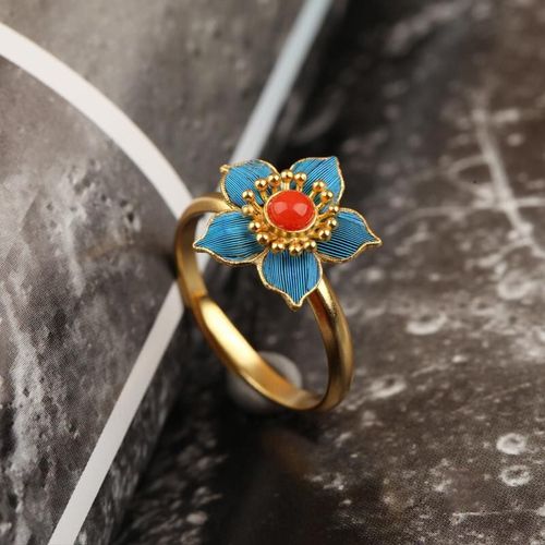 Bague D'ouverture Fleur Tourmaline Rouge Sud Naturelle, Style Chinois Rtro, Style Palais, Unique, Artisanat En Or Ancien, Bijoux En Argent