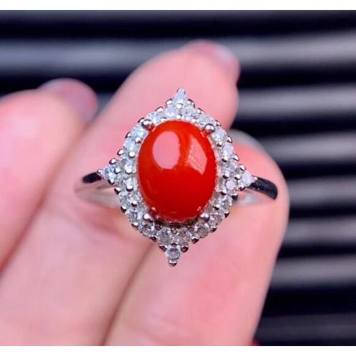 Bague De Luxe En Argent Sterling 925 Incruste De Pierres Prcieuses En Corail Rouge Naturel Pour Femmes, Bague De Dtection De Support