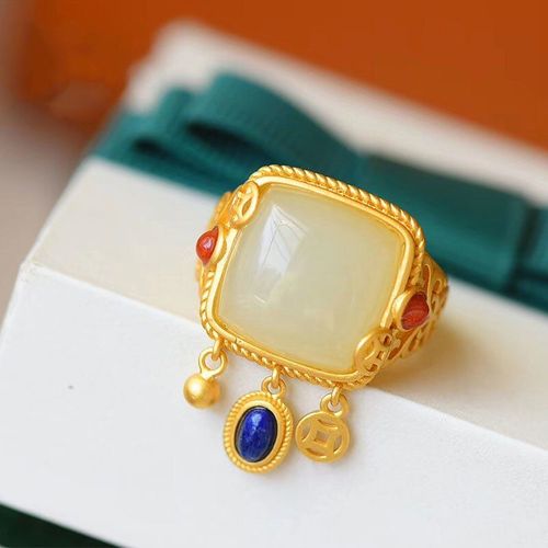 Bague En Argent Incrust De Jade Hetian Naturel, Pompon Carr Rtro Niche Palace Style Ethnique, Ouverture Avance, Anneau Rglable Pour Femmes