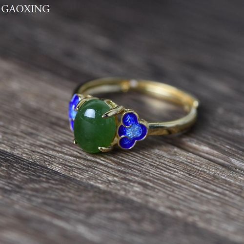 Bague En Argent Massif Et Plaqu Or Pour Femmes, Bijou Ruyi Incrust De Jaspe  Index Ouvert, S925