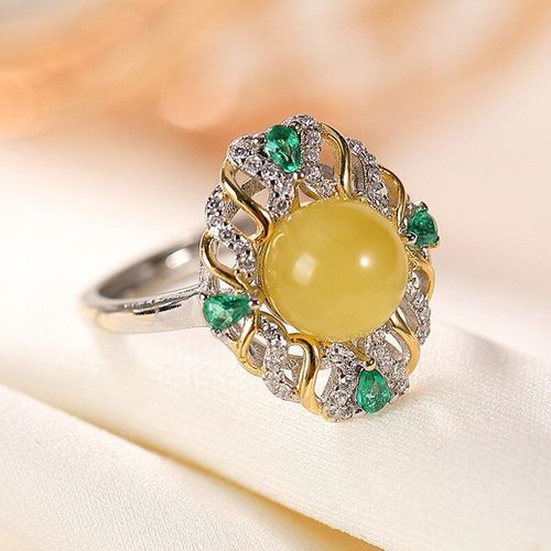 Bague En Argent Sterling S925 Dore, Grande Taille, Cire D'abeille Naturelle Ambre, Douce Tendance, Ajour Pour Femmes, Bague D'ouverture Ajustable K0115