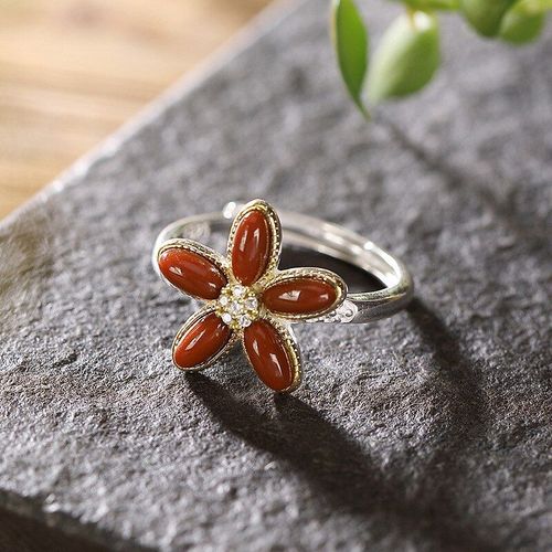 Bague En Argent Sterling S925 En Forme De Fleurs D'agate Rouge Du Sud, Anneau Rtro, Doux Et lgant, Ouverture Rglable, Design, Bijoux Pour Femmes, K0097