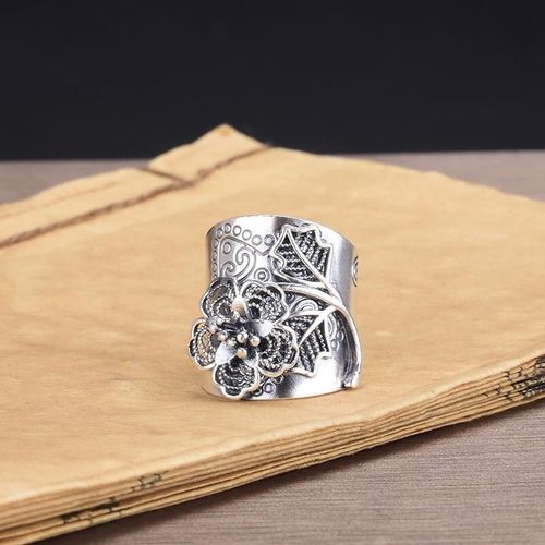 Bague En Forme De Fleur De Pivoine En Argent Thalandais Pour Femmes, Version Large, Ouverture Rglable, Temprament Ethnique Rtro, Accessoires Bijoux De Mariage