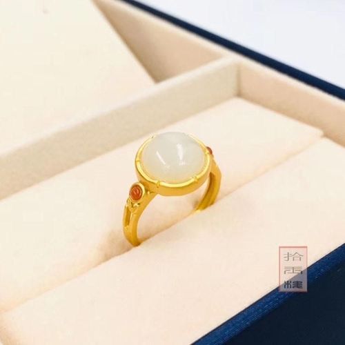 Bague En Jade Blanc, Or Ancien Incrust Du Sud Rouge, Argent Et Or S925 Incrust De Jade Rond Ouvert Avec