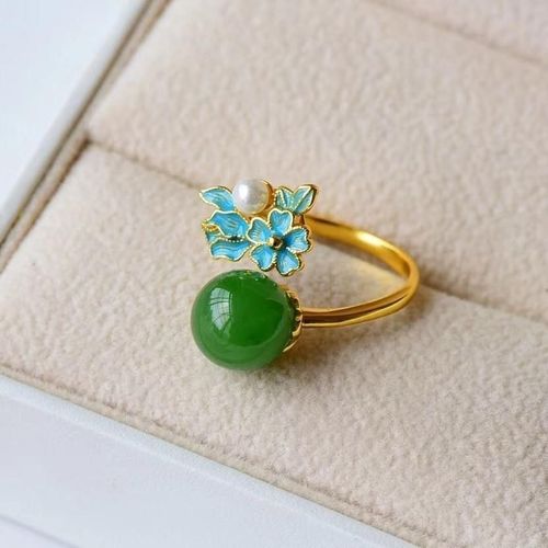 Bague En Jade Vert Htian Naturel, Perle D'eau Douce Incruste En Argent Sterling Vert pinard, Vieux Pkin Rti Blu