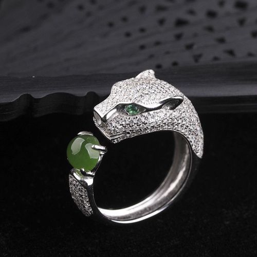 Bague En Jade Vert Vritable, Tte De Lopard Redimensionnable, meraude, Micro-Incrust De Diamant, Bague En Argent Sterling 925 Pour Femmes