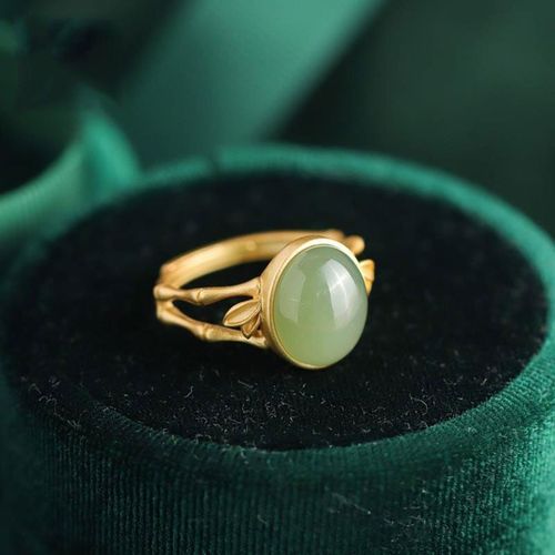 Bague En Or Pour Femmes, Artisanat En Or Ancien, Jade Hetian Naturel, Ovale En Bambou, Ouverture Rglable, Bijoux En Argent