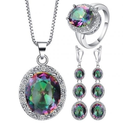 Bague Et Boucles D'oreilles En Cristal Incrust Multicolore, 4 Pices/Ensemble, Pendentif, Collier, Bijoux Pour Femmes, Design Gomtrique, Bijoux De Mariage