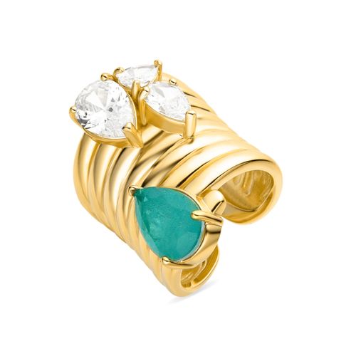 Bague Luxenter En Argent 925 Avec Quartz Hydrothermal Vert Et Or Jaune 18 Carats - Marsais - Taille 14
