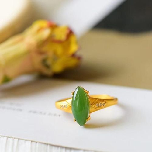 Bague Oeil De Cheval En Jade Vert Htian Naturel Pour Femmes, Anneau Ouvert En Argent Sterling S925 Avec Dorure Incruste De Jaspe Naturel