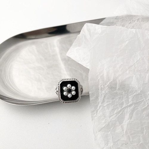 Bague Ouverte En Cristal Noir Perle Fleur, Rtro Mode lgant Temprament Index Bague Combinaison Bijoux Pour Femmes, Mariage