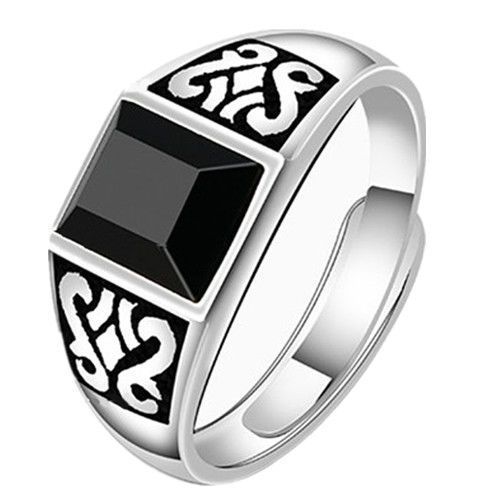 Bague Pour Hommes, Nouvelle Bague En Argent Originale Incruste D'agate Noire, Temprament Froid Gomtrique Rtro, Ouverture Rglable