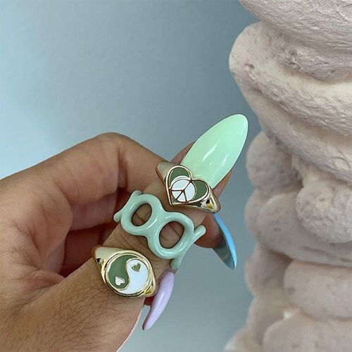 Bague Punk En Rsine Verte Et Dore Pour Femmes, Ensemble De Bagues En Forme De CUr, Chane En Acrylique, Bijoux  La Mode, Cadeaux, Vente En Gros, 2021