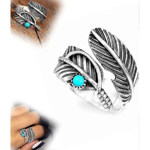 Bague Rglable Turquoise Plume, Anneau De Feuille De Nature Large Argent, Anneau De Pouce Pour Les Femmes Hommes, Anneau D'emballage En Plumes En Acier Inoxydable Vintage, Anneau De Manchette Fo