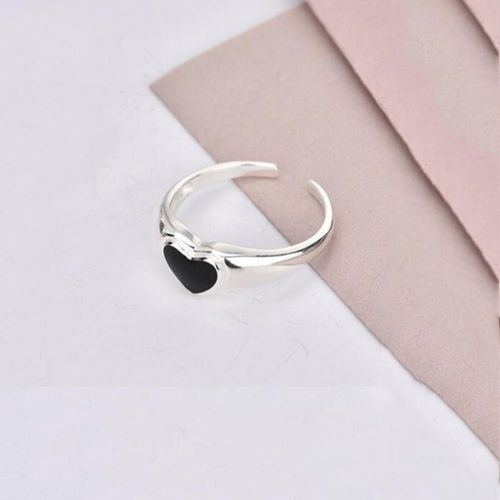Bague Simple Et Vintage En mail Pour Femmes, Anneau De Doigt Rglable En Forme De CUr Noir, Bijoux Punk  La Mode, Couleur Argent
