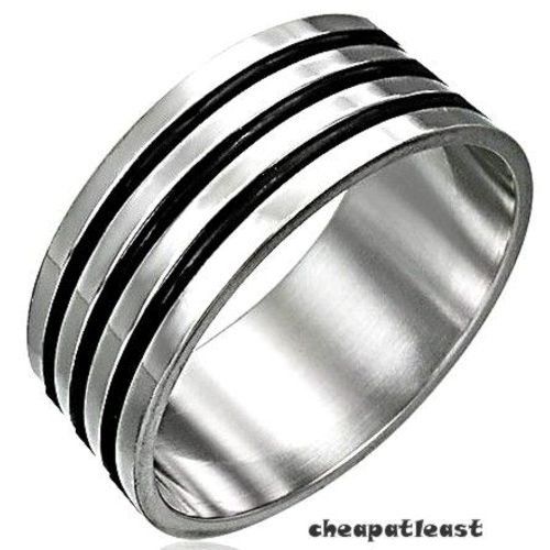 Bague Strie / Anneau 3 Rainures Noires mailles - Taille Au Choix ( 17, 18, 19, 20, 21, 22 Mm) - Style Mtalleux / Punk, Rock, Gothique, Us Biker, Sons Of Anarchy, West Coast Choppers -