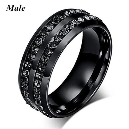 Bagues De Couple En Acier Inoxydable Pour Femmes, Ensemble De Bagues En Cristal, CUr Noir, Deux Ranges, Bijoux De Mariage