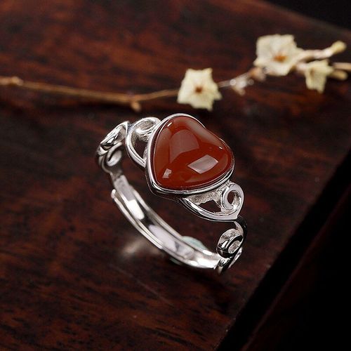 Bagues De Mariage Classiques En Argent Sterling S925 Incrustes En Forme D'amour, Bagues En Agate Rouge Du Sud, Design Simple Rtro Et Doux Pour Dames, K0123