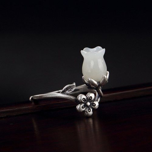 Bagues En Argent Sterling S925 Avec Nphrite Naturelle, Jade Blanc Incrust De Magnolia, Fleur De Prunier, Bagues Ouvertes Pour Femmes, Vente En Gros, K0126, Nouveau
