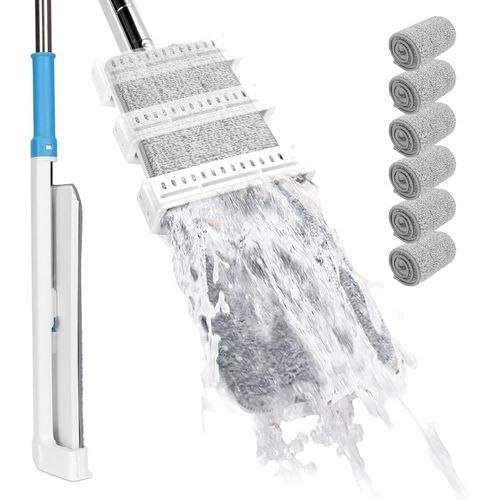 Balai Microfibre Avec Essorage Intgr,Balai Serpillre Professionnel Avec 132cm Poigne,Serpillre Plate Avec 6 Tampons S,Pour Nettoyage Bois Dur,Stratifi,Carrelage,Bleu.[W423]