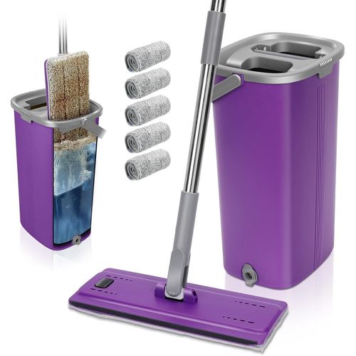 Balai Microfibre Et Seau Essoreur,Balai Serpillire Rotatif 360 Et Seau Auto-Lavage,Avec 5 Serpillres S,Vadrouille De Mains Libre Pour Tous Types De Sols,Violet.[W415]
