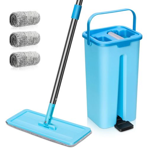 Balai Microfibre Et Seau Essoreur Mop Plat Rotatif Et Seau Auto-Essorage Petit&lger Avec Mains Libres Vadrouille Pour Nettoyage De Sol Humide & Sec Avec 3 Serpillres.[W49]