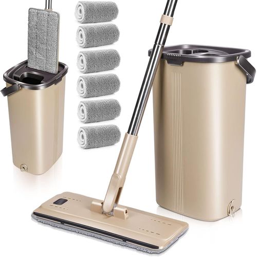Balai Microfibre Et Seau Essoreur,Serpillire Plat Rotatif 360 Et Seau Auto-Lavage,Vadrouille De Mains Libre Pour Nettoyage De Sol,Avec 6 Serpillires S (Beige).[W52]