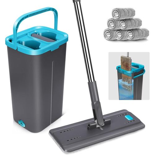 Balai Microfibre Et Seau Essoreur,Serpillire Plat Rotatif 360 Et Seau Auto-Lavage,Vadrouille De Mains Libre Pour Nettoyage De Sol,Avec 6 Serpillires S (Gris Fonc).[W51]