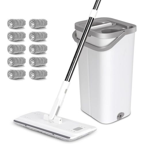 Balai Microfibre Et Seau Essoreur,Serpillire Rotative 360 Et Seau  2 Compartiments,Vadrouille De Mains Libre Pour Nettoyage De Sol Avec 10 Tampons S (Blanc).[W50]