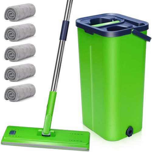 Balai Microfibre Et Seau Essoreur,Serpillire Rotative 360 Et Seau  2 Compartiments,Vadrouille De Mains Libre Pour Nettoyage De Sol Avec 5 Tampons S (Vert).[W47]