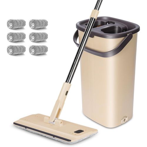 Balai Serpillire Et Seau Essoreur,Balai Microfibre Rotatif 360 Et Seau  2 Compartiments,Serpillire De Mains Libre Pour Nettoyage De Sol,Avec 6 Tampons S (Beige).[W48]