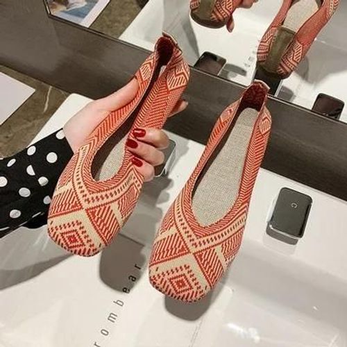 Ballerines Carres En Tissu Tricot Pour Femmes,Mocassins Respirants,Chaussures D'entranement  Talon Plat,Chaussures De Conduite,Grande Taille,Printemps,2023 - 35