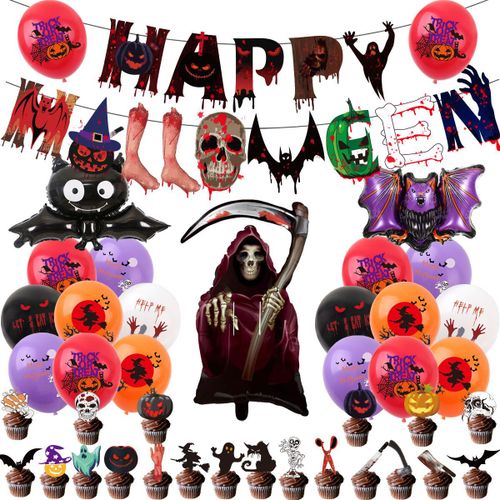 Balloons De Fete,D'aluminium Ballons,Ballon Anniversaire Decoration De Fete Anniversaire-Lot 1 : Drapeau A Tirer + Bouchon A Gteau + 20 Ballons + 3 Ballons En Film D'aluminium (Faucille Squelette + Chauve-Souris Noire + Chauve-Souris Violette).