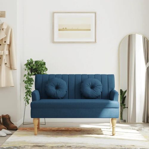 Banc Avec Coussins En Tissu Bleu | 113x64,5x75,5 Cm, Confortable, Durable, Pieds En Bois D'hevea, Design Elegant, Compact, Gain De Place