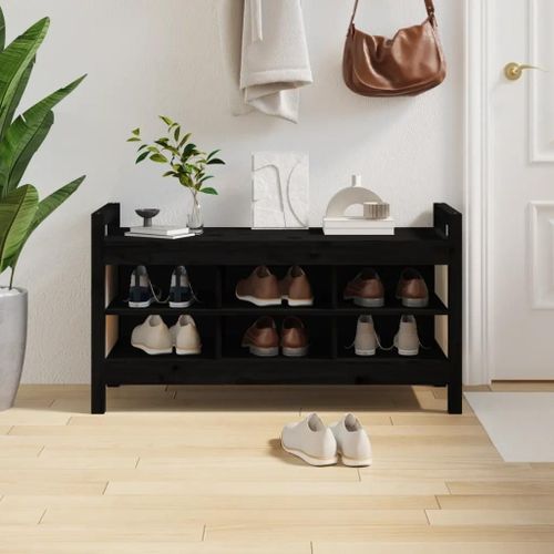 Banc D'entree En Bois De Pin Massif Noir | 110x40x60 Cm, 6 Compartiments, Gain De Place, Compact, Multifonctionnel